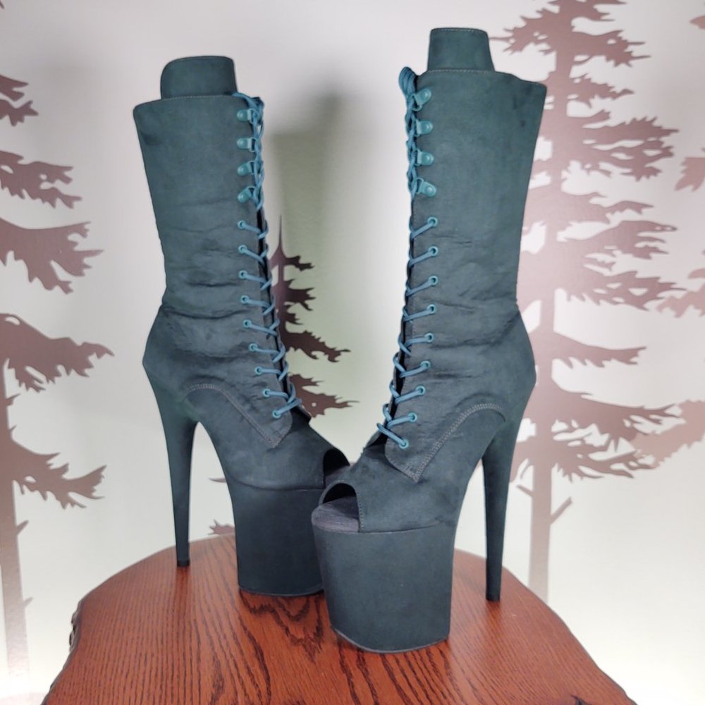 USED ONCE Pleaser Flamingo-1051FS Emerald Green Faux Suede Midi Boot 8" Heel